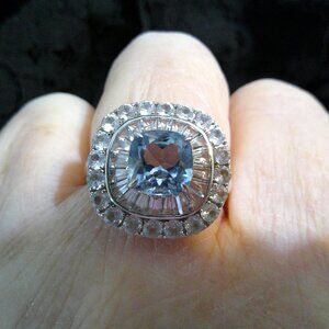 Square Blue & White Glass and White Spinel Silver 925 Ring Size 10.5 Stunning